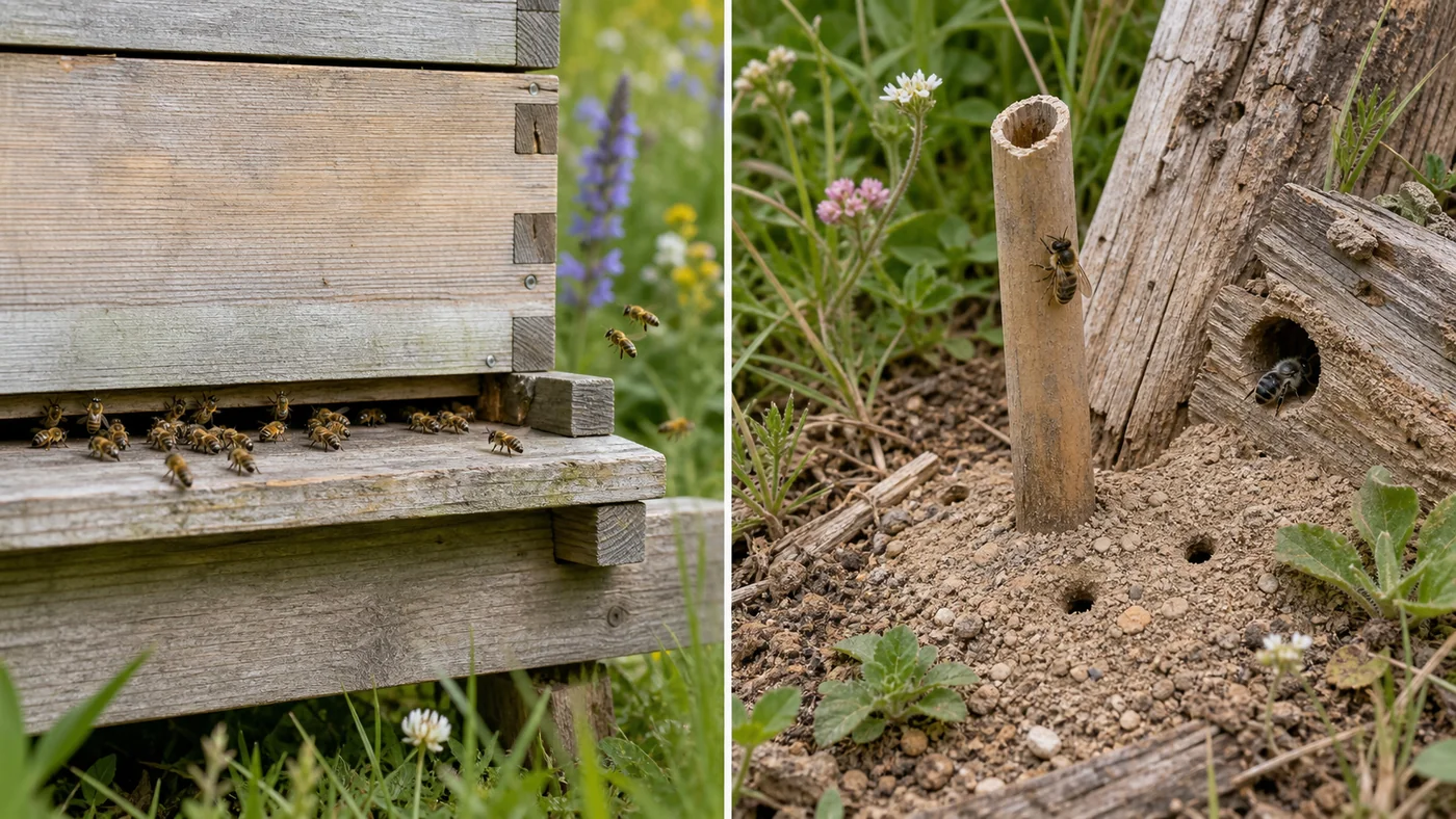 Comparaison entre une colonie d’abeilles mellifères dans une ruche et plusieurs sites de nidification d’abeilles sauvages dans le sol, une tige et du bois
