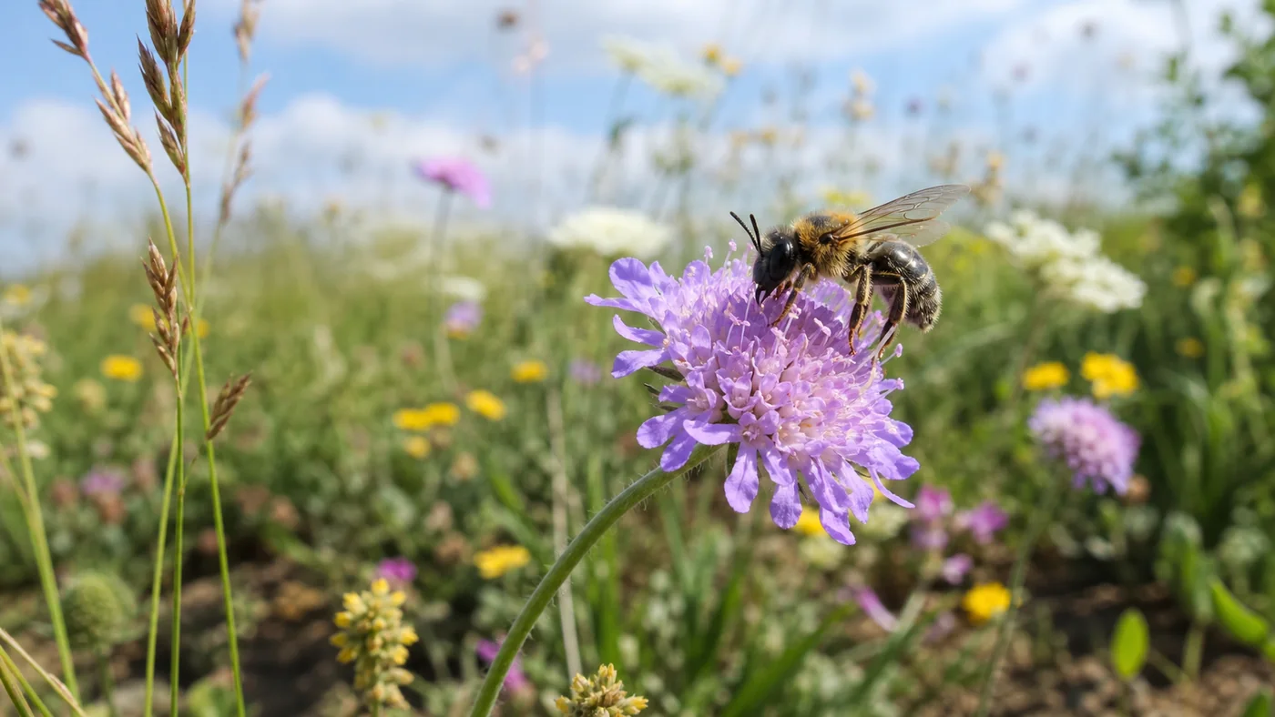 Abeille sauvage solitaire butinant une fleur violette dans une prairie diversifiée