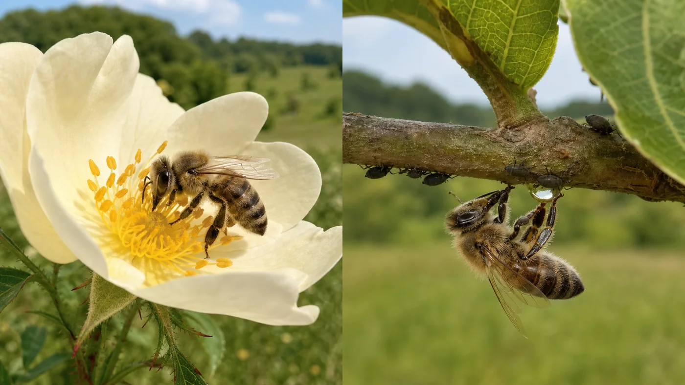 À gauche une abeille récolte dans une fleur, à droite une abeille prélève une goutte sous un rameau portant des pucerons