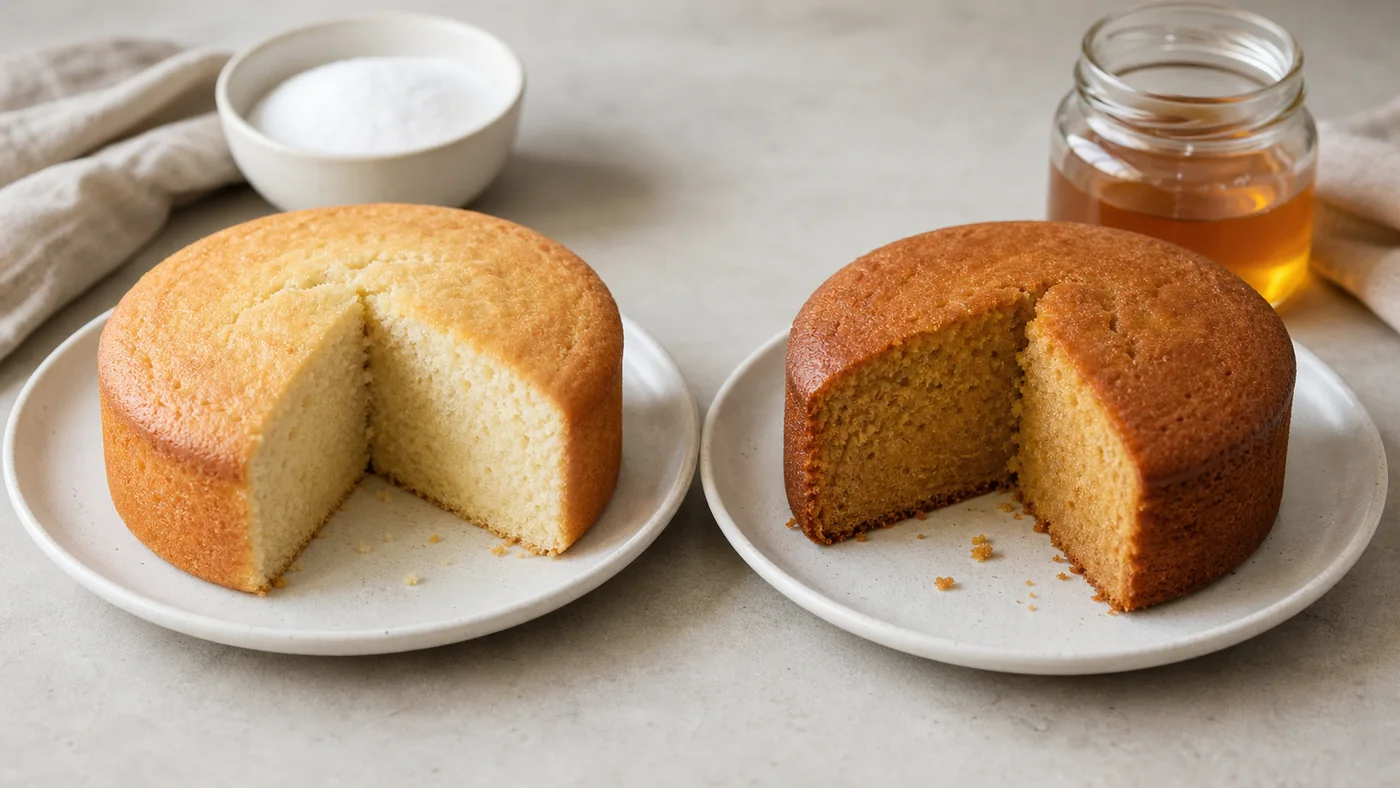 Deux petits gâteaux illustrant une mie claire au sucre et une mie plus ambrée au miel
