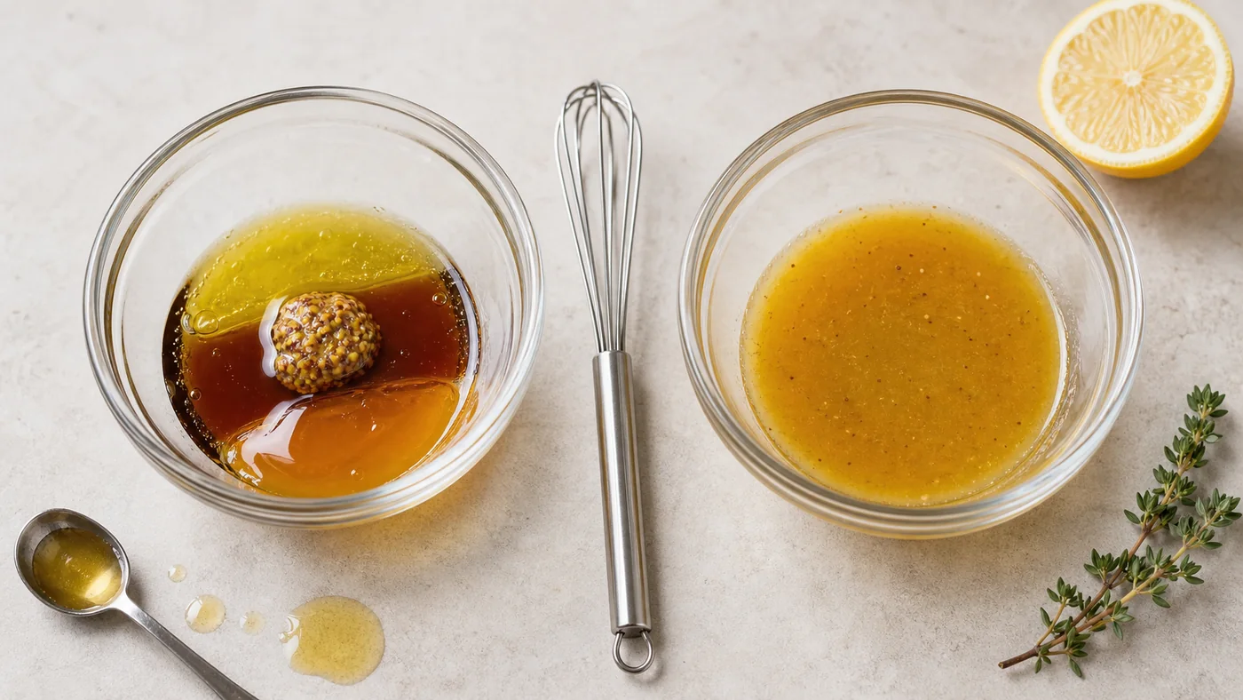 Deux bols montrant les ingrédients séparés puis la vinaigrette au miel correctement émulsionnée
