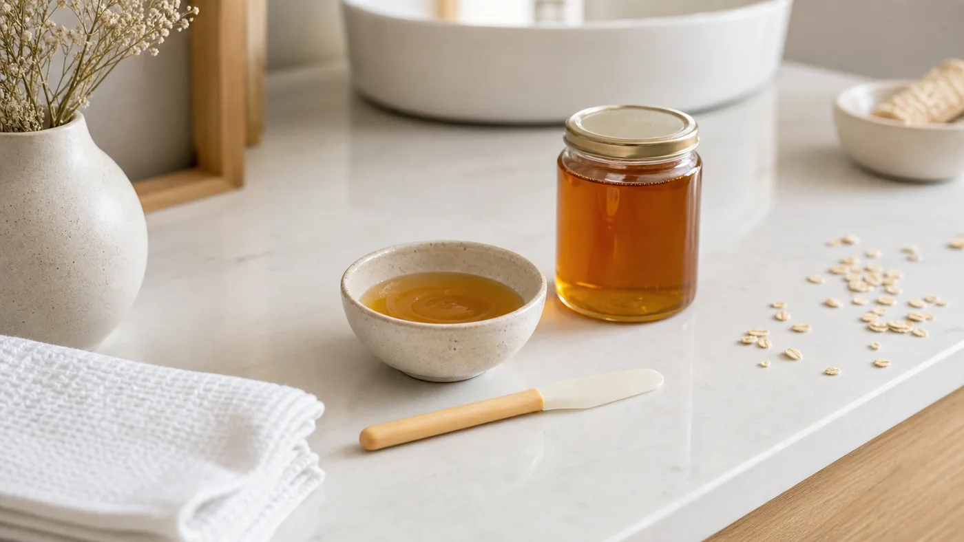 Petit bol de miel avec spatule propre, pot fermé et serviette sur une coiffeuse claire