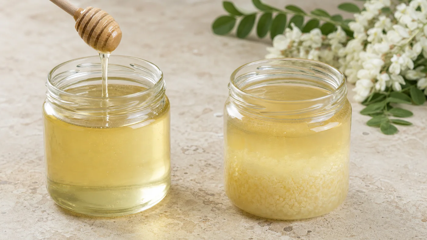 Deux pots de miel d’acacia clair, l’un liquide et l’autre commençant à cristalliser par le fond