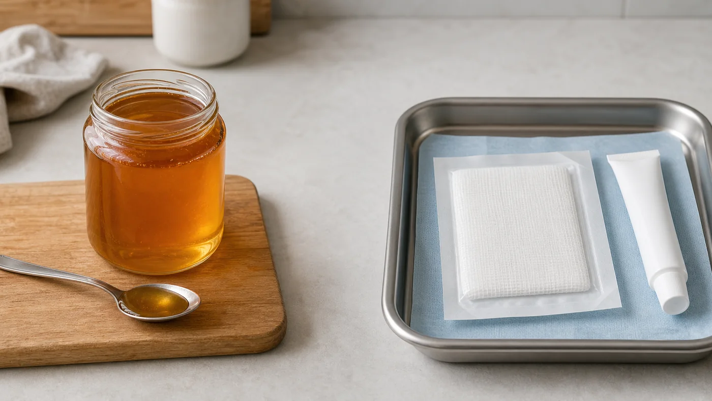 À gauche un pot de miel alimentaire en cuisine, à droite un pansement stérile et un tube médical sans marque