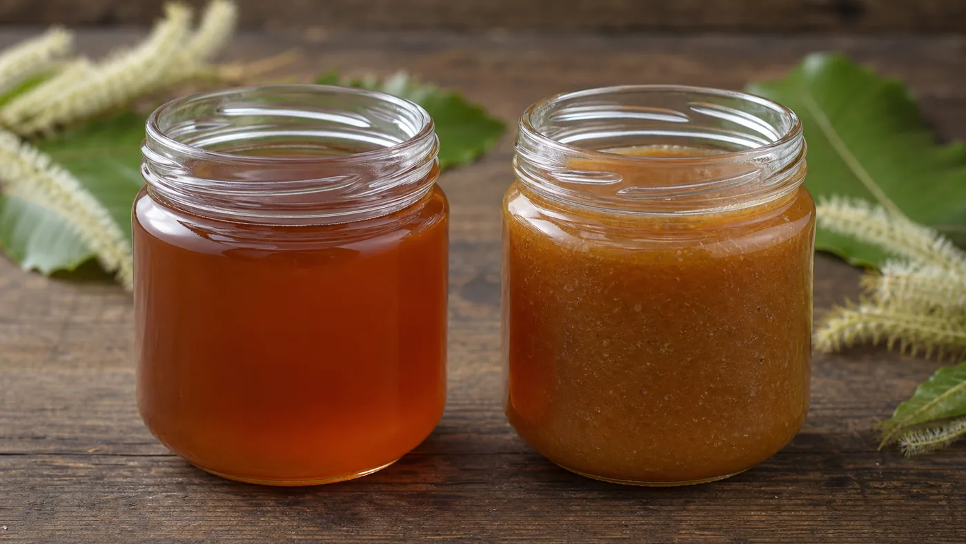 Deux pots de miel de châtaignier, l’un ambré et fluide, l’autre plus épais et finement cristallisé