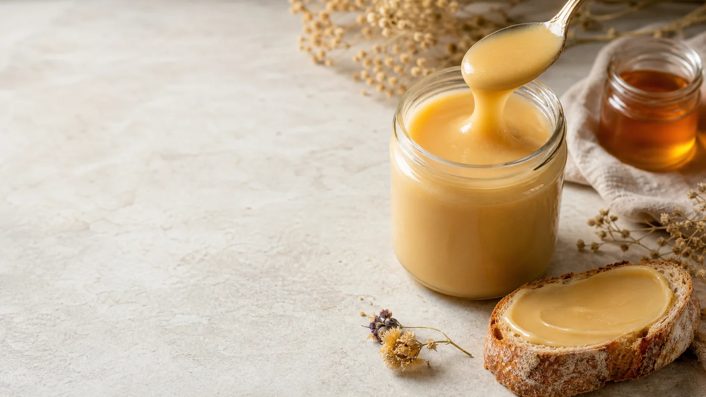 Pot de miel crémeux à la texture lisse servi sur une tranche de pain