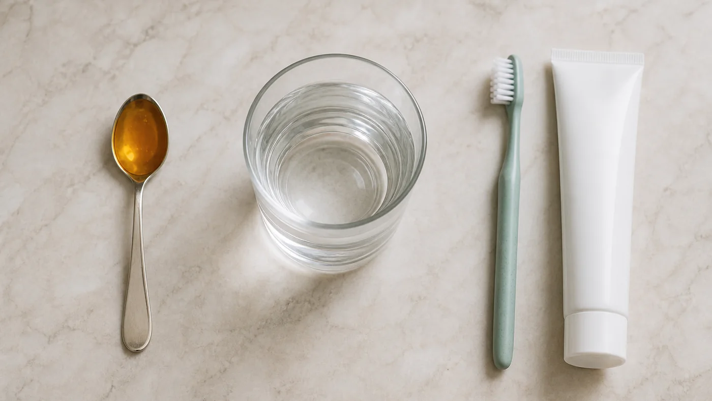 Petite cuillère de miel, verre d’eau, brosse à dents et tube sans marque alignés sur un plan clair