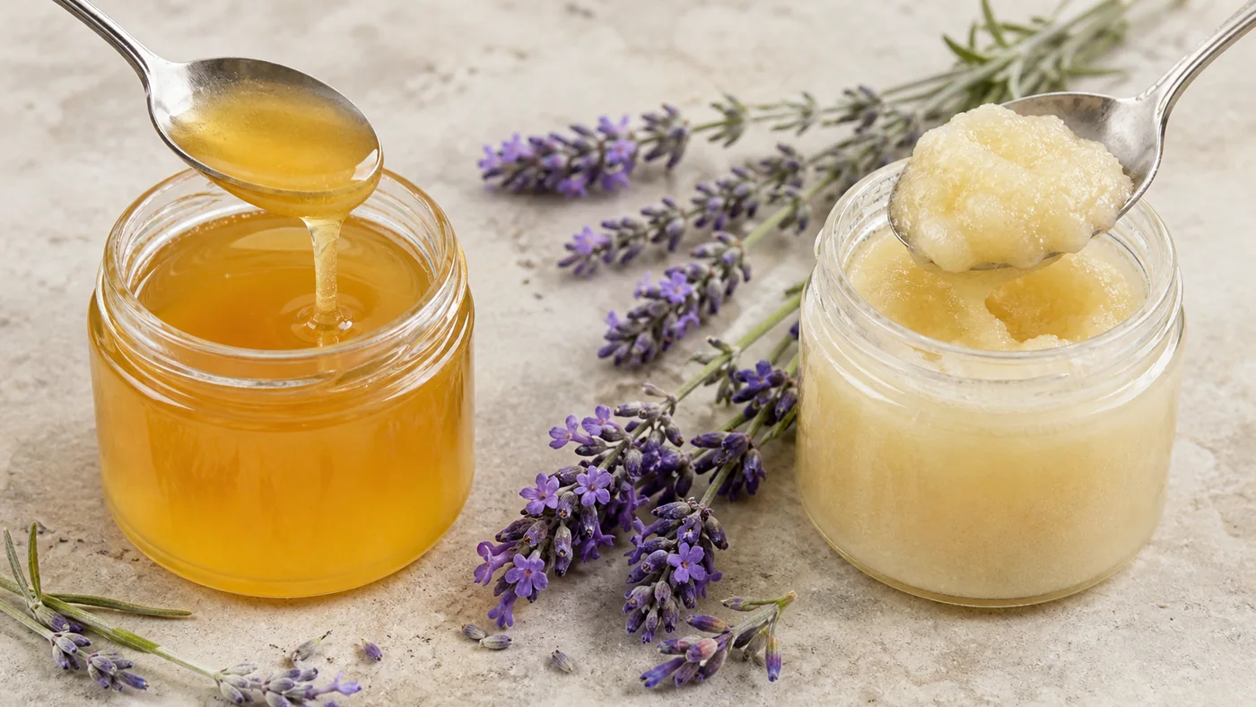 Deux pots de miel de lavande, l’un doré et fluide, l’autre clair et finement cristallisé