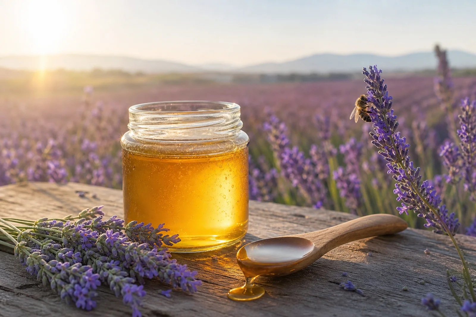 Pot de miel doré dans un champ de lavande avec une abeille sur une fleur