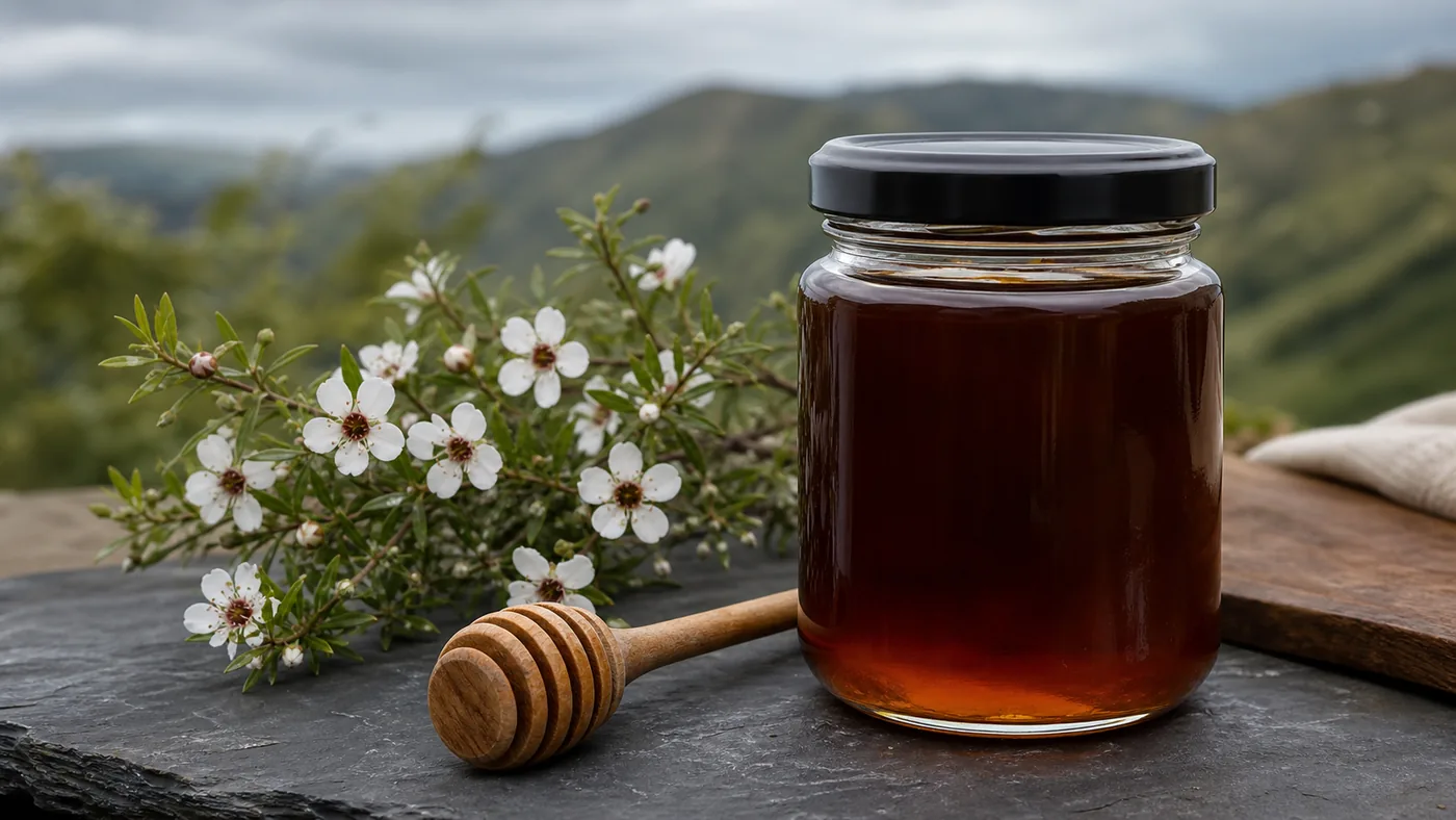 Pot de miel ambré entouré de fleurs blanches de mānuka dans un paysage de collines