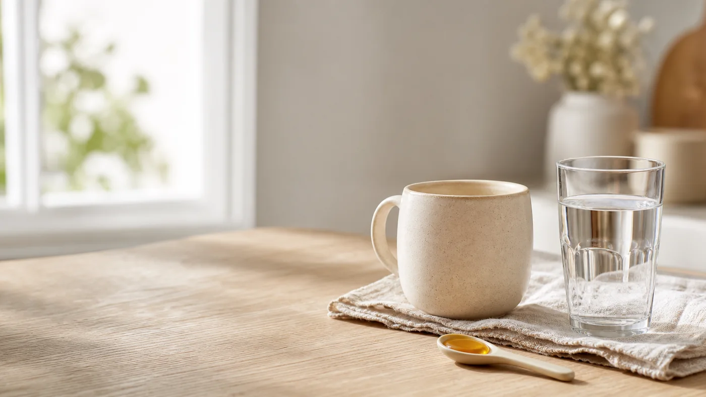Petite cuillère de miel, tasse tiède et verre d’eau sur une table claire