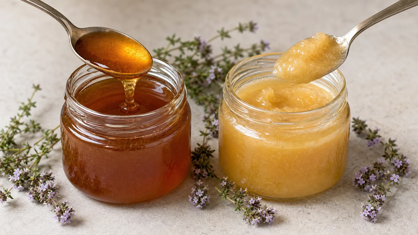 Deux pots de miel de thym, l'un ambré et fluide, l'autre plus clair et cristallisé