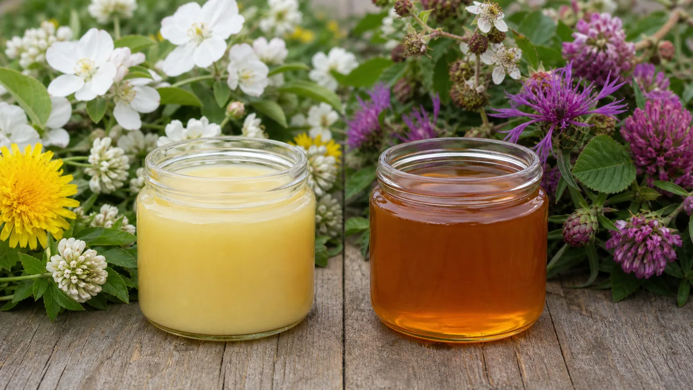 Deux récoltes de miel toutes fleurs, l’une jaune pâle et crémeuse entourée de fleurs printanières, l’autre ambrée et fluide avec des fleurs d’été
