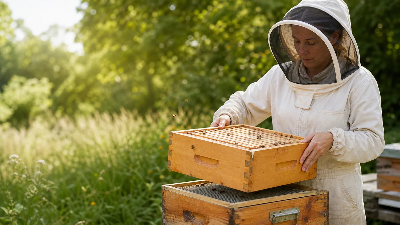 Apicultrice retirant calmement une hausse de miel au-dessus d’une ruche équipée d’un chasse-abeilles