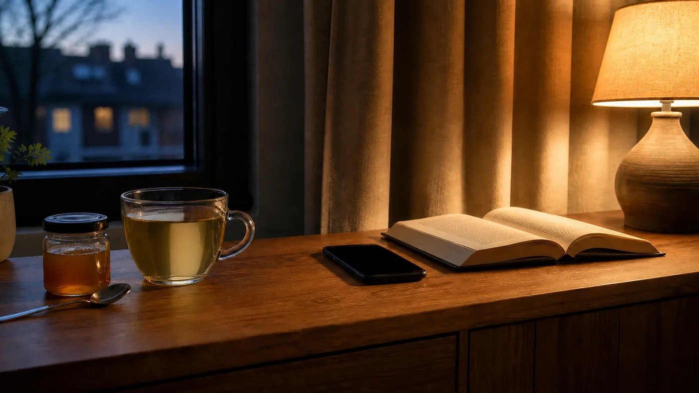 Petit pot de miel et tisane à côté d’un téléphone posé, d’un livre ouvert et d’une lampe tamisée