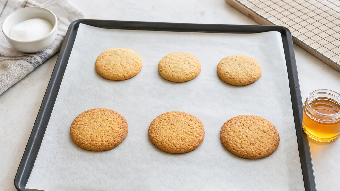 Deux rangées de biscuits illustrant un essai témoin et un essai au miel plus étalé et coloré