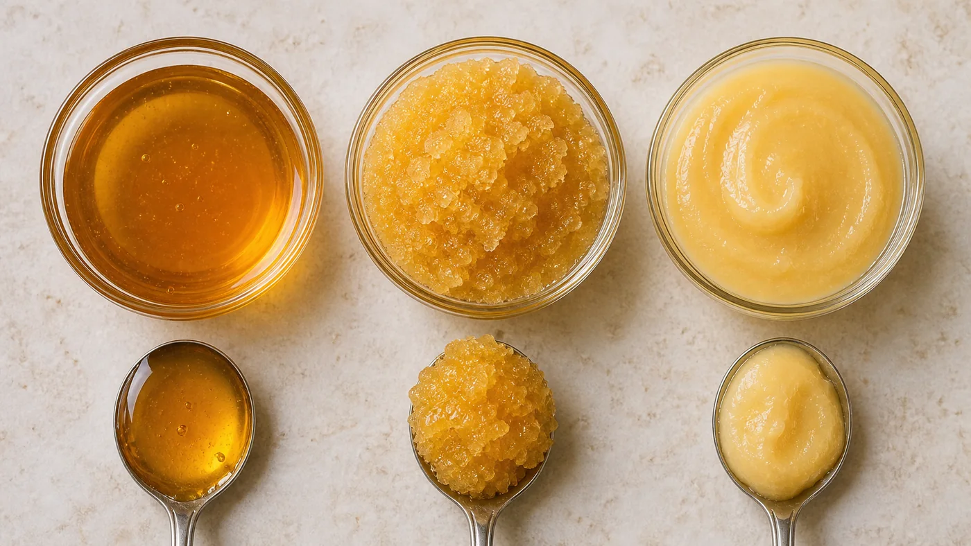 Trois coupelles comparant un miel liquide, un miel à gros cristaux et un miel crémeux homogène